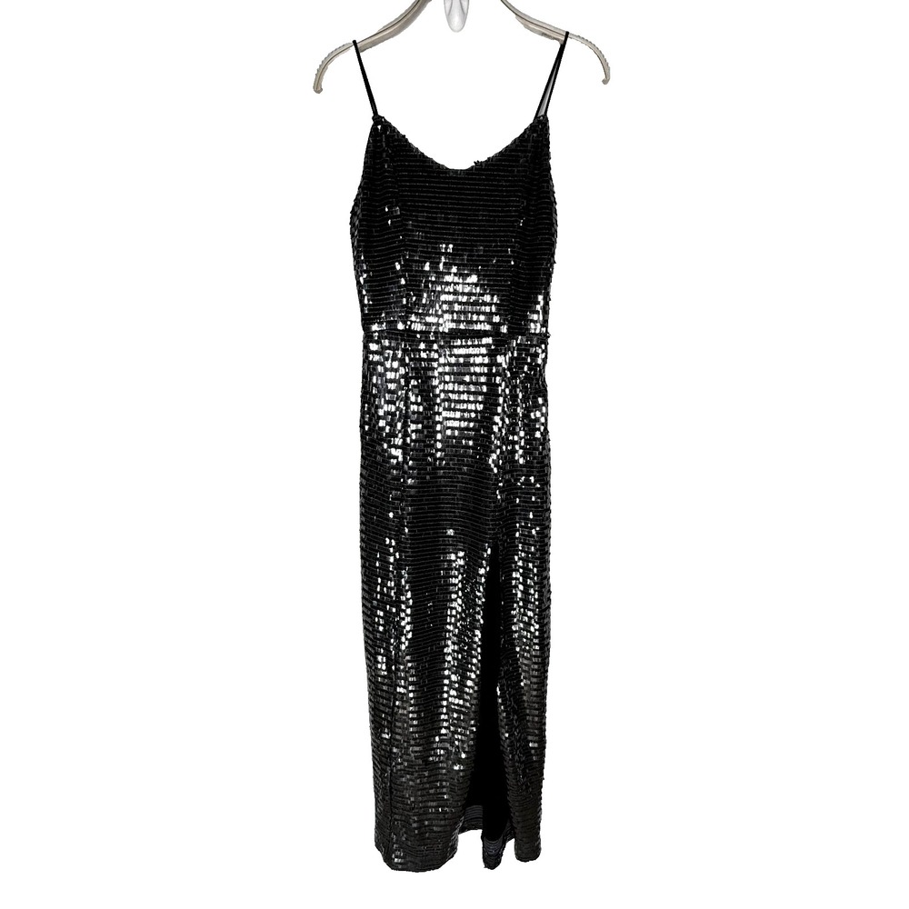 NBD Sequin Maxi Dress Womens S Black Good Side Slitβ Spaghetti Strap Glam Gown